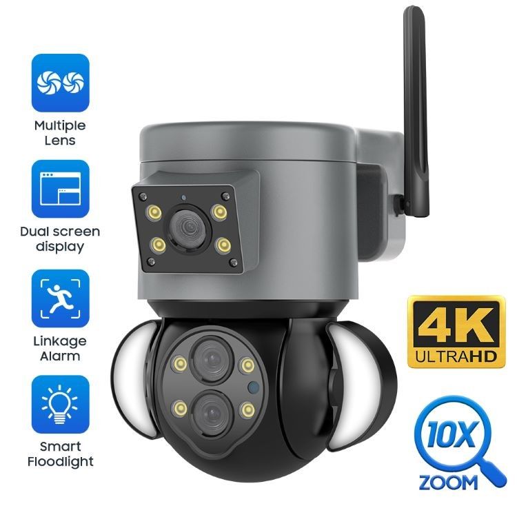 トリプルレンズWiFiセキュリティカメラ HD 8MP カラーナイトビジョン 屋外防水
